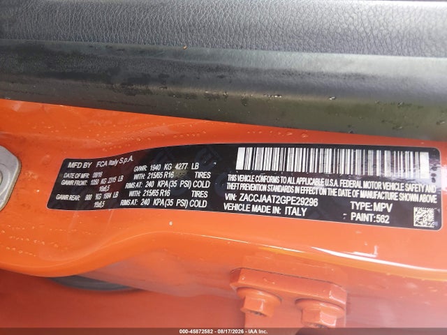 Продаж на аукціоні авто 2016 Jeep Renegade Sport, vin: ZACCJAAT2GPE29296, номер лоту: 45872582