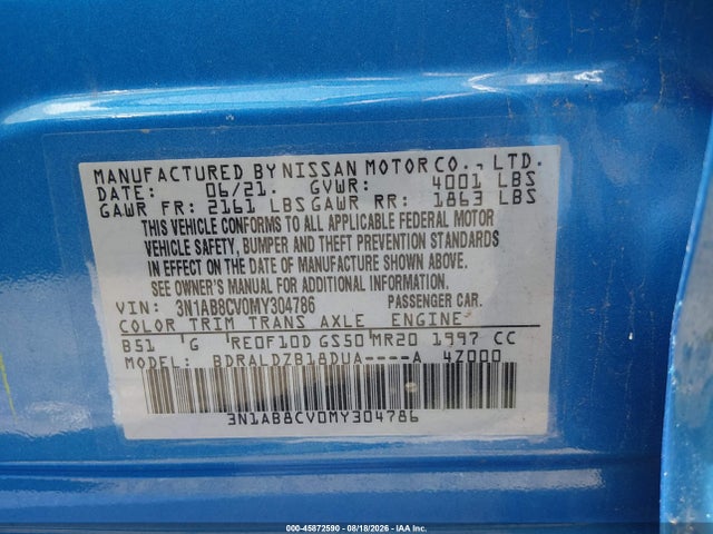 2021 Nissan Sentra Sv Xtronic Cvt მანქანა იყიდება აუქციონზე, vin: 3N1AB8CV0MY304786, აუქციონის ნომერი: 45872590