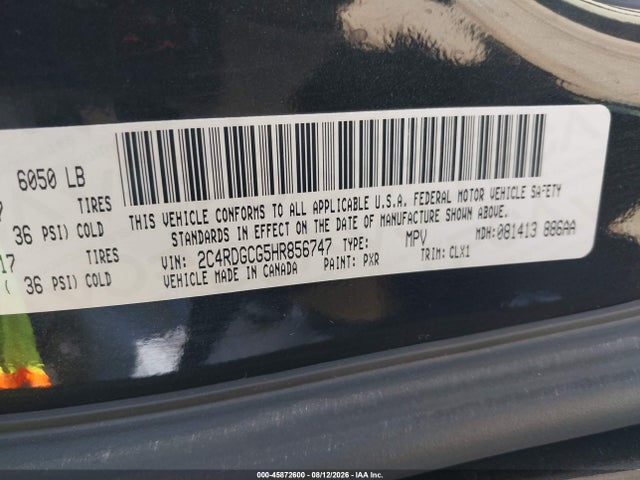 2017 Dodge Grand Caravan Sxt მანქანა იყიდება აუქციონზე, vin: 2C4RDGCG5HR856747, აუქციონის ნომერი: 45872600