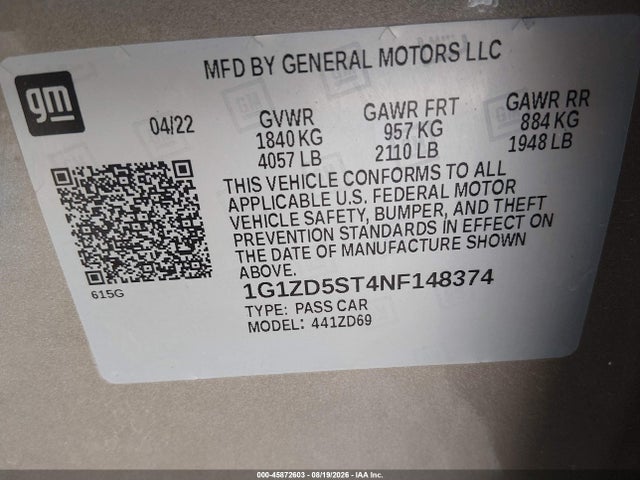 Aukcja sprzedaży 2022 Chevrolet Malibu Fwd Lt, vin: 1G1ZD5ST4NF148374, numer aukcji: 45872603