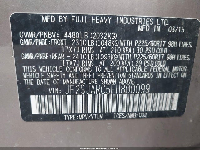 Aukcja sprzedaży 2015 Subaru Forester 2.5i Limited, vin: JF2SJARC5FH800099, numer aukcji: 45872606
