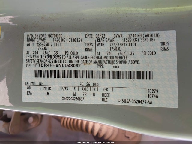 2022 Ford Ranger Xlt მანქანა იყიდება აუქციონზე, vin: 1FTER4FH9NLD48062, აუქციონის ნომერი: 45872607