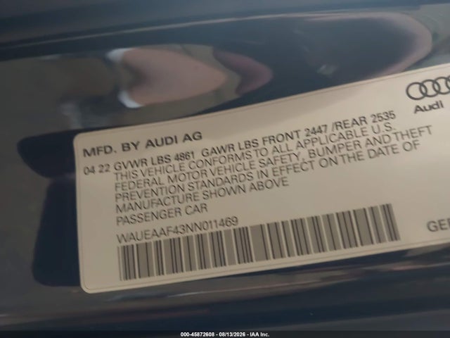 Aukcja sprzedaży 2022 Audi A4 Premium Plus 45 Tfsi S Line Quattro S Tronic, vin: WAUEAAF43NN011469, numer aukcji: 45872608