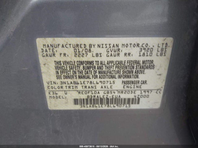 Продажа на аукционе авто 2008 Nissan Sentra 2.0 S, vin: 3N1AB61E78L690715, номер лота: 45872615