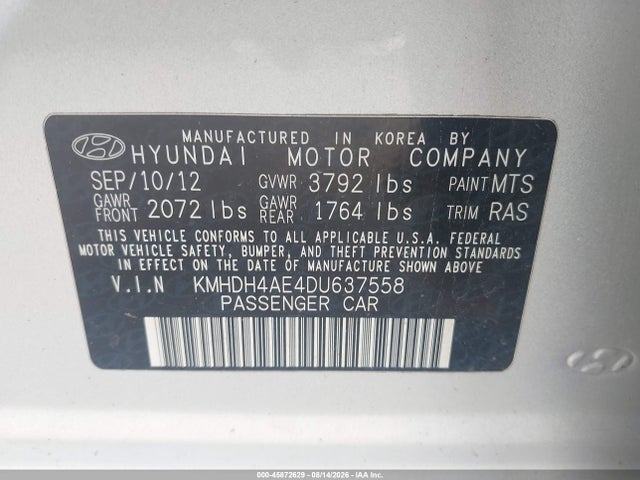Продажа на аукционе авто 2013 Hyundai Elantra Limited, vin: KMHDH4AE4DU637558, номер лота: 45872629