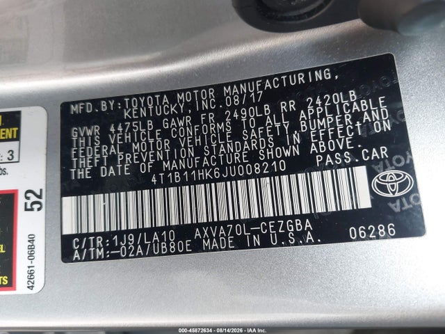 Продажа на аукционе авто 2018 Toyota Camry Xle, vin: 4T1B11HK6JU008210, номер лота: 45872634