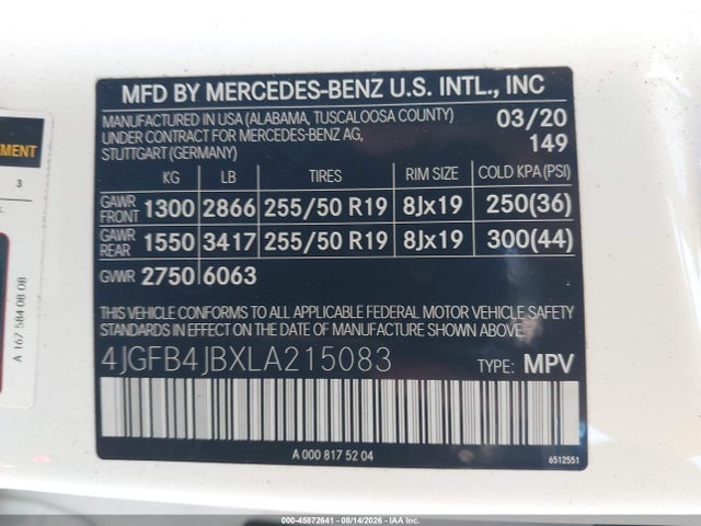 Aukcja sprzedaży 2020 Mercedes-benz Gle 350, vin: 4JGFB4JBXLA215083, numer aukcji: 45872641