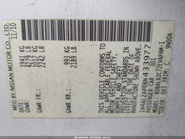 45872649 :رقم المزاد ، 1N4AL2AP0BN433977 vin ، 2011 Nissan Altima 2.5 S مزاد بيع