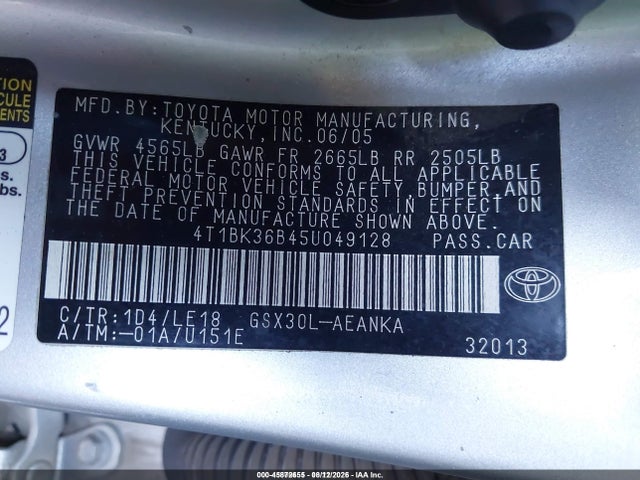 45872655 :رقم المزاد ، 4T1BK36B45U049128 vin ، 2005 Toyota Avalon Touring مزاد بيع