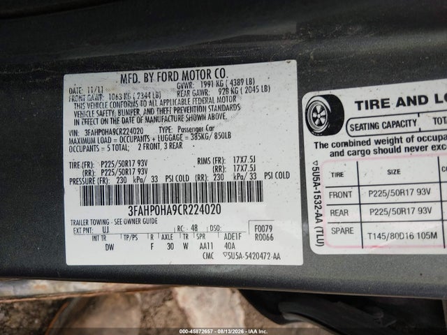 Aukcja sprzedaży 2012 Ford Fusion Se, vin: 3FAHP0HA9CR224020, numer aukcji: 45872657