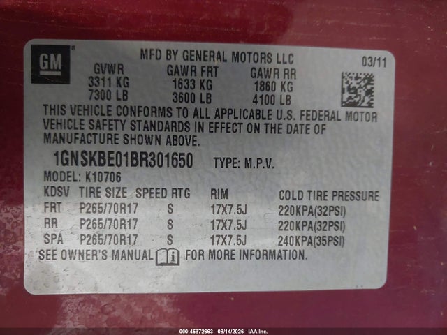 Продажа на аукционе авто 2011 Chevrolet Tahoe Lt, vin: 1GNSKBE01BR301650, номер лота: 45872663