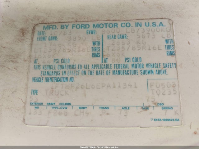 Продаж на аукціоні авто 1984 Ford F250, vin: 1FTHF26L6EPA11341, номер лоту: 45872669