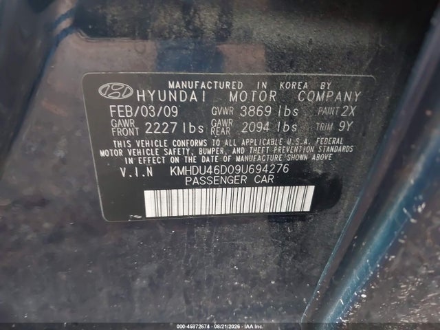 45872674 :رقم المزاد ، KMHDU46D09U694276 vin ، 2009 Hyundai Elantra Se مزاد بيع