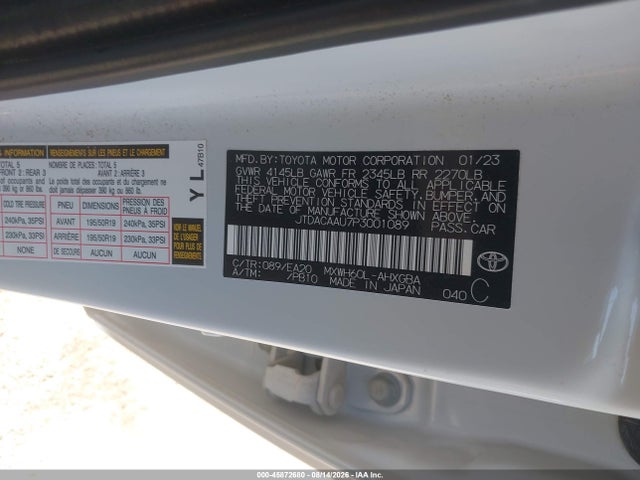 2023 Toyota Prius Xle მანქანა იყიდება აუქციონზე, vin: JTDACAAU7P3001089, აუქციონის ნომერი: 45872680