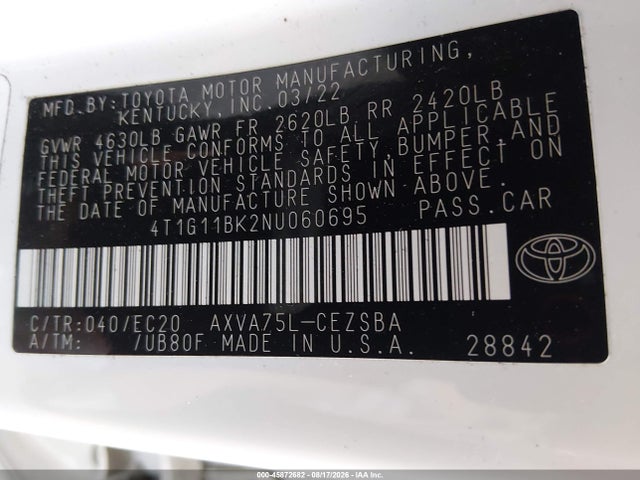 4T1G11BK2NU060695 Toyota Camry Se Nightshade Special Awd