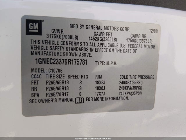 Aukcja sprzedaży 2009 Chevrolet Tahoe Lt2, vin: 1GNEC23379R175781, numer aukcji: 45872683