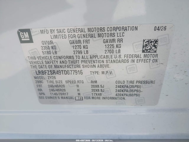 Aukcja sprzedaży 2026 Buick Envision Avenir Awd, vin: LRBFZSR49TD077916, numer aukcji: 45872686