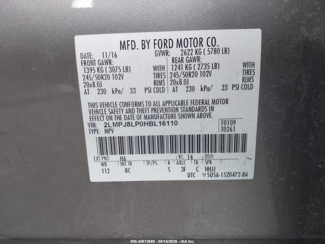 45872688 :رقم المزاد ، 2LMPJ8LP0HBL16110 vin ، 2017 Lincoln Mkx Reserve مزاد بيع