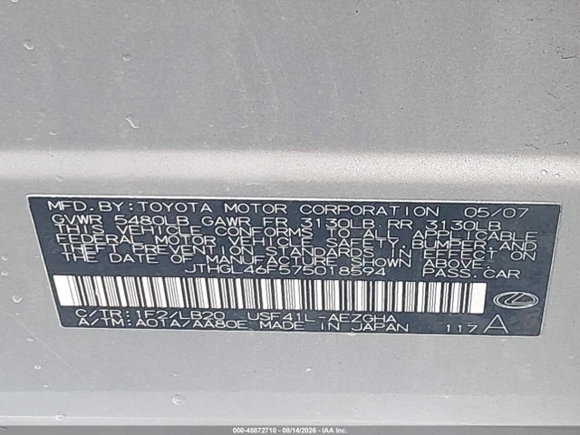 45872710 :رقم المزاد ، JTHGL46F575018594 vin ، 2007 Lexus Ls 460 L مزاد بيع