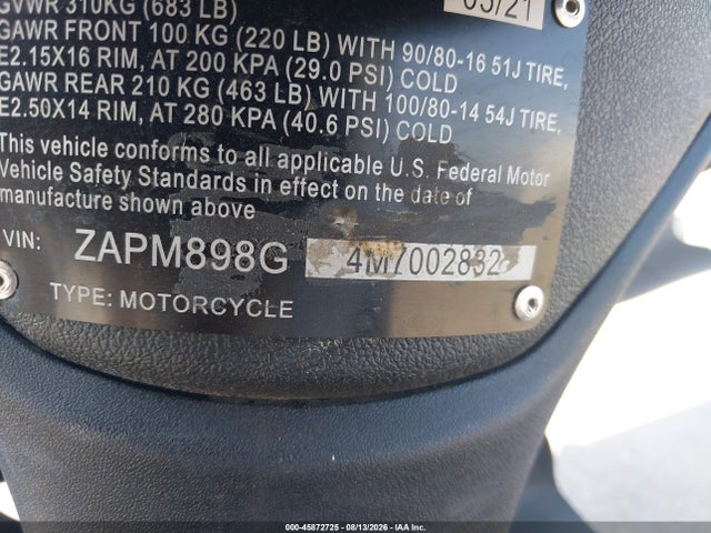 Aukcja sprzedaży 2021 Piaggio Liberty 150, vin: ZAPM898G4M7002832, numer aukcji: 45872725