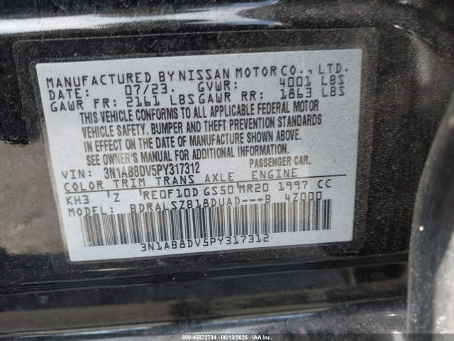 45872734 :رقم المزاد ، 3N1AB8DV5PY317312 vin ، 2023 Nissan Sentra Sr Xtronic Cvt مزاد بيع