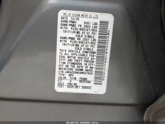 2006 Nissan Murano Sl მანქანა იყიდება აუქციონზე, vin: JN8AZ08W26W507608, აუქციონის ნომერი: 45872735