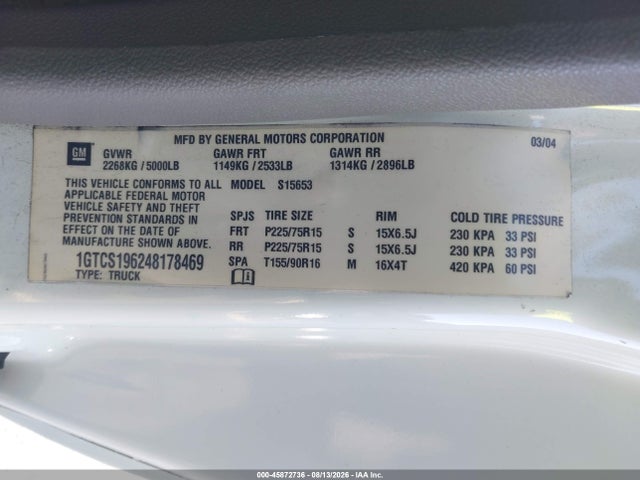 45872736 :رقم المزاد ، 1GTCS196248178469 vin ، 2004 Gmc Canyon Sl مزاد بيع