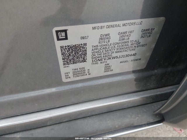 Aukcja sprzedaży 2018 Chevrolet Traverse Premier, vin: 1GNEVJKW5JJ130440, numer aukcji: 45872746