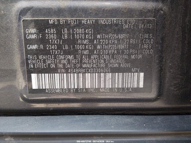Продаж на аукціоні авто 2013 Subaru Outback 2.5i Limited, vin: 4S4BRBKCXD3308066, номер лоту: 45872748