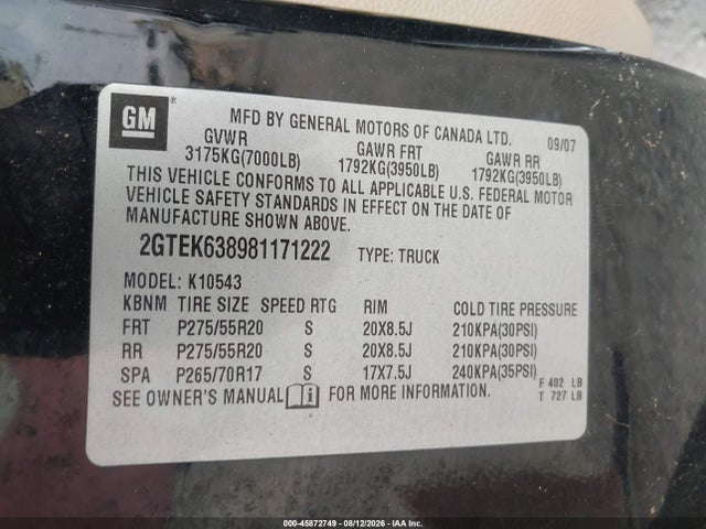 2008 Gmc Sierra 1500 Denali მანქანა იყიდება აუქციონზე, vin: 2GTEK638981171222, აუქციონის ნომერი: 45872749