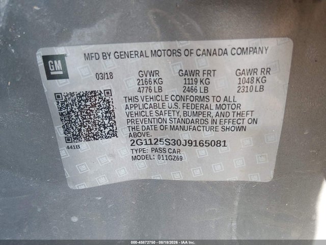 45872750 :رقم المزاد ، 2G1125S30J9165081 vin ، 2018 Chevrolet Impala 2lz مزاد بيع