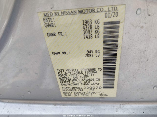 1N4BL4BV0LC220070 Nissan Altima S Fwd