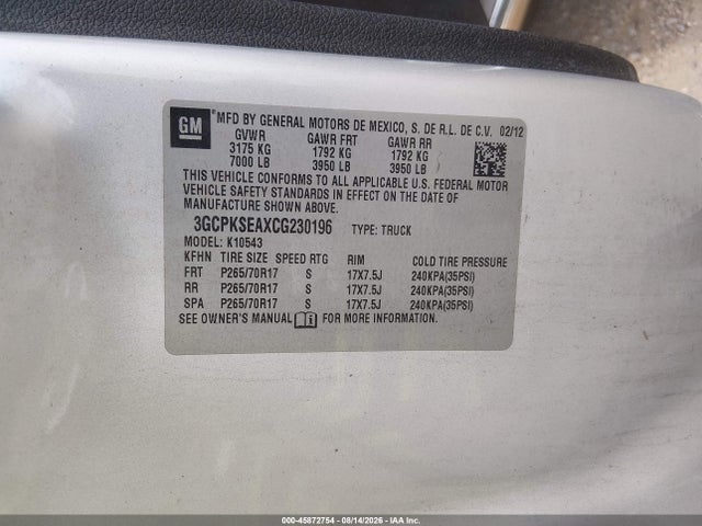 2012 Chevrolet Silverado 1500 Lt მანქანა იყიდება აუქციონზე, vin: 3GCPKSEAXCG230196, აუქციონის ნომერი: 45872754
