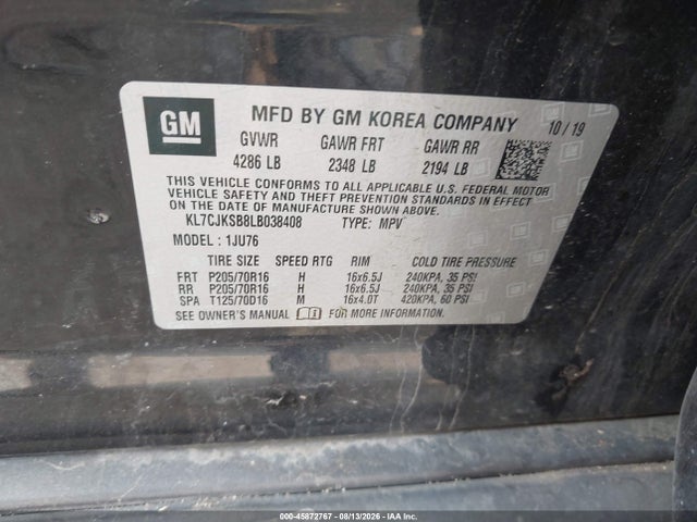 45872767 :رقم المزاد ، KL7CJKSB8LB038408 vin ، 2020 Chevrolet Trax Fwd Ls مزاد بيع