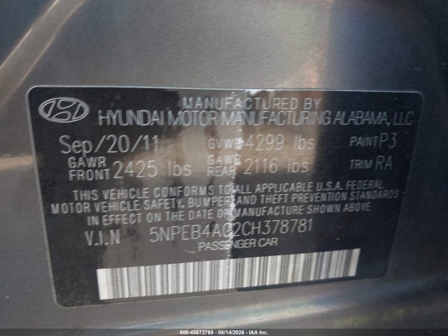 2012 Hyundai Sonata Gls მანქანა იყიდება აუქციონზე, vin: 5NPEB4AC2CH378781, აუქციონის ნომერი: 45872768