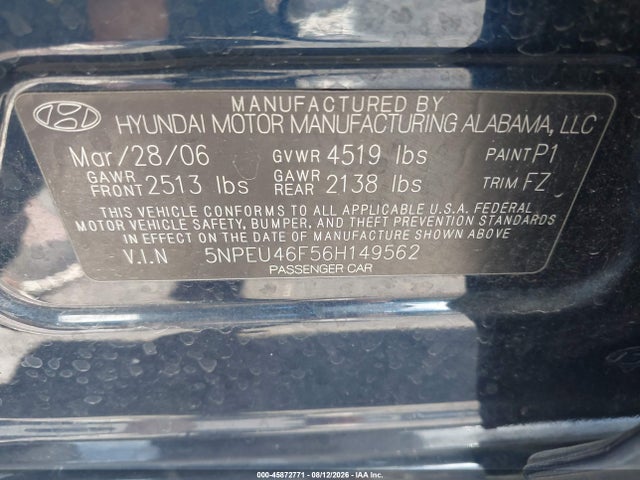 45872771 :رقم المزاد ، 5NPEU46F56H149562 vin ، 2006 Hyundai Sonata Gls V6/lx V6 مزاد بيع