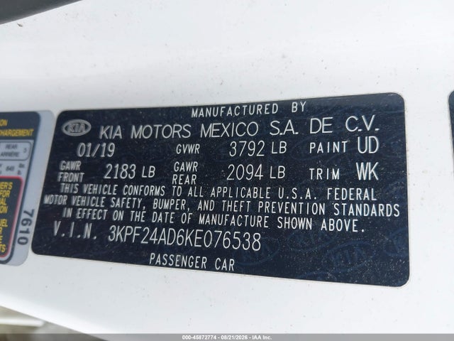 Продаж на аукціоні авто 2019 Kia Forte Lxs, vin: 3KPF24AD6KE076538, номер лоту: 45872774