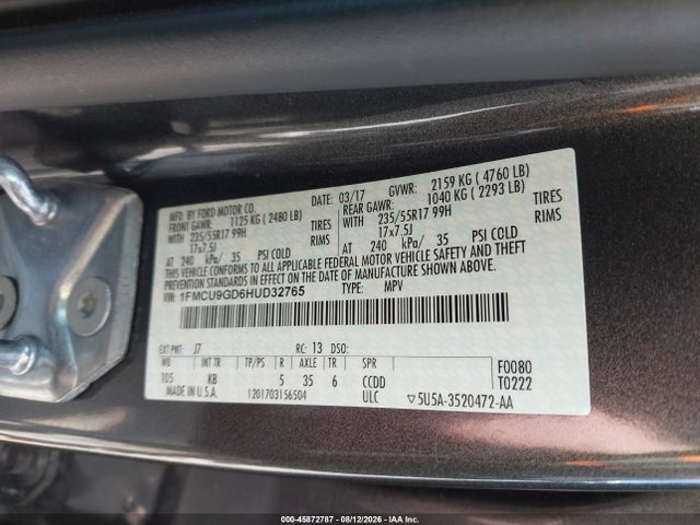 45872787 :رقم المزاد ، 1FMCU9GD6HUD32765 vin ، 2017 Ford Escape Se مزاد بيع