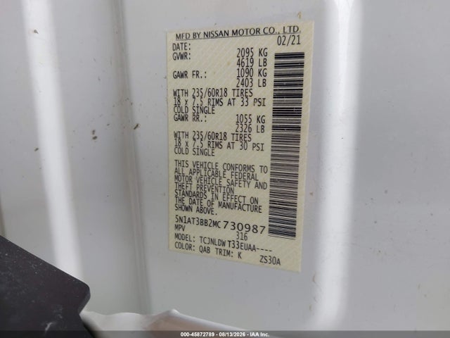 2021 Nissan Rogue Sv Intelligent Awd მანქანა იყიდება აუქციონზე, vin: 5N1AT3BB2MC730987, აუქციონის ნომერი: 45872789