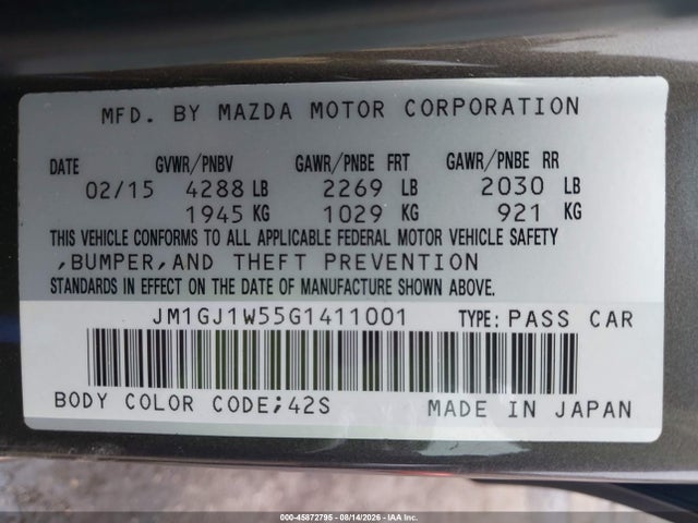 Aukcja sprzedaży 2016 Mazda Mazda6 I Grand Touring, vin: JM1GJ1W55G1411001, numer aukcji: 45872795