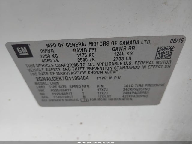 Aukcja sprzedaży 2016 Chevrolet Equinox Lt, vin: 2GNALCEK7G1108404, numer aukcji: 45872810