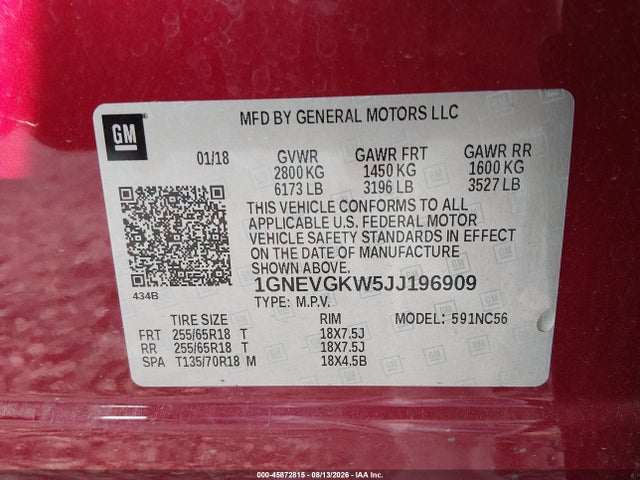1GNEVGKW5JJ196909 Chevrolet Traverse Lt Cloth