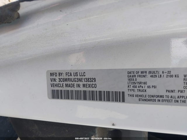 Продаж на аукціоні авто 2022 Ram Promaster 3500 Cargo Van High Roof 159 Wb Ext, vin: 3C6MRVJG3NE138329, номер лоту: 45872823