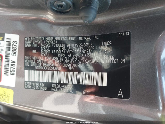 5TDYK3DC2ES438090 Toyota Sienna Xle V6 8 Passenger