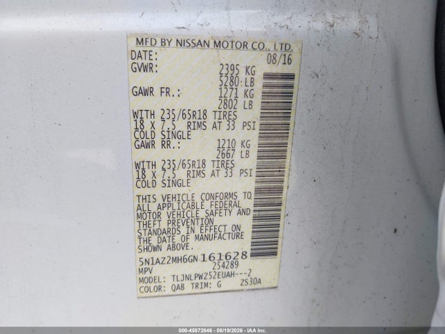 Aukcja sprzedaży 2016 Nissan Murano S, vin: 5N1AZ2MH6GN161628, numer aukcji: 45872846