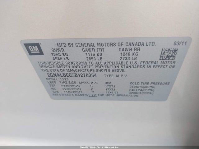 45872858 :رقم المزاد ، 2GNALBEC5B1270334 vin ، 2011 Chevrolet Equinox Ls مزاد بيع