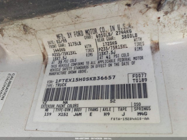 1995 Ford F150 მანქანა იყიდება აუქციონზე, vin: 1FTEX15H0SKB36657, აუქციონის ნომერი: 45872865