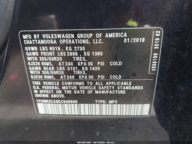 Продаж на аукціоні авто 2019 Volkswagen Atlas 3.6l V6 Sel, vin: 1V2MR2CA6KC538869, номер лоту: 45872867