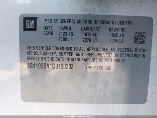 Aukcja sprzedaży 2016 Chevrolet Impala 1lt, vin: 2G1105SA1G9169203, numer aukcji: 45872883