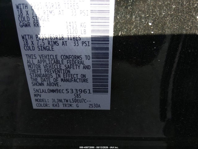 2014 Infiniti Qx60 მანქანა იყიდება აუქციონზე, vin: 5N1AL0MM9EC533961, აუქციონის ნომერი: 45872890
